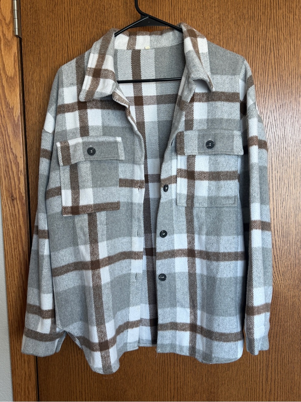 Plaid Button-Up Shacket in Gray, White & Brown